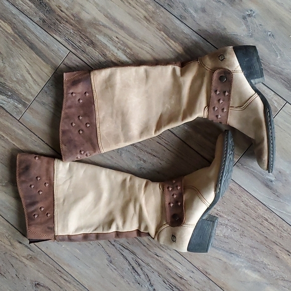 Born Women Two tone Leather Studded Tall Western Boots Ankle zipper shoes - Picture 2 of 13